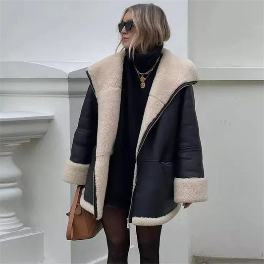 Josies- Lång läderjacka med fleece