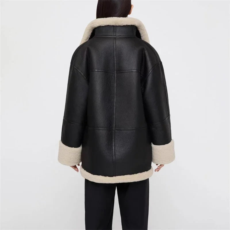 Josies- Lång läderjacka med fleece